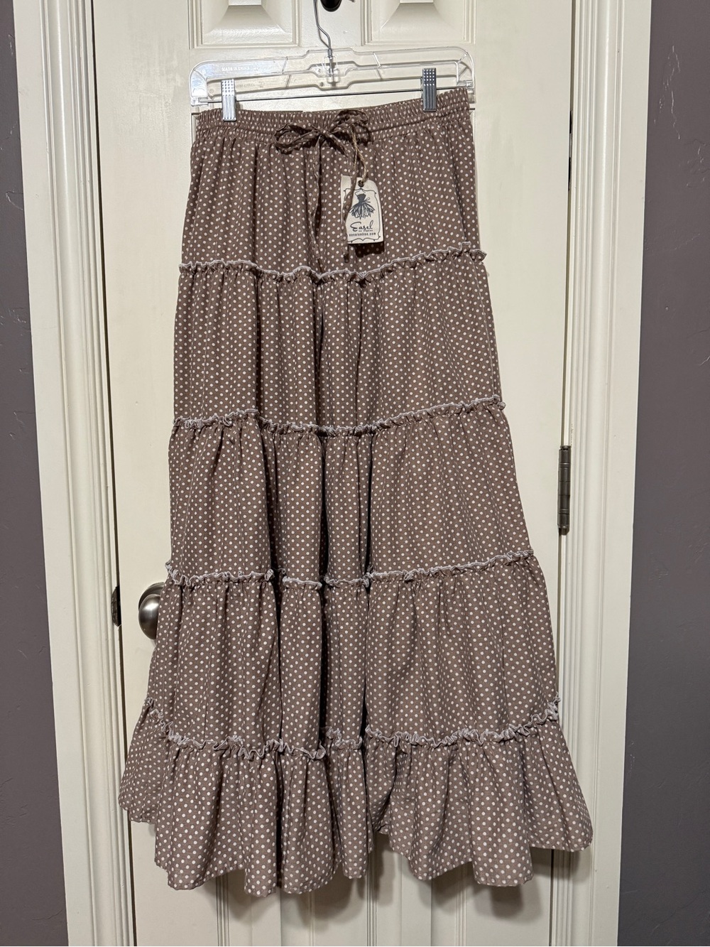 easel Taupe Polka Dot Tiered Maxi Skirt